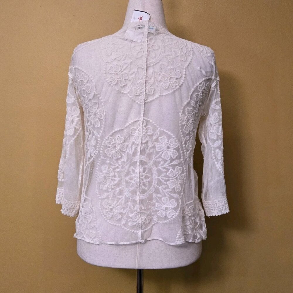 Rebellion Again Floral Lace Mesh Cardigan Blouse Embroidered Ivory Medium Womens